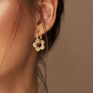 Dainty Stainless Steel Hoop Earrings with Golden Flower Design